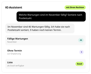 KI-Assistent in conmeet mit den Rechten der angemeldeten Person: Frage nach den im November fälligen Wartungen, Antwort 46 fällige Wartungen nach Postleitzahl sortiert, 9 ohne Termin, Liste als Excel verfügbar