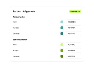 Farbeinstellungen in conmeet unter Ihrer Marke: Primärfarbe mit Hell #96D8D0, Haupt #3F9A8F und Dunkel #2F7F75, Sekundärfarbe mit Hell #CFF87C, Haupt #74A316 und Dunkel #557F08