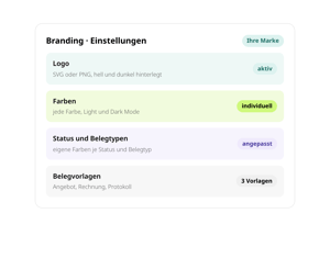 Branding-Einstellungen in conmeet unter Ihrer Marke: Logo aktiv als SVG oder PNG hell und dunkel, Farben individuell für Light und Dark Mode, eigene Farben je Status und Belegtyp angepasst, drei Belegvorlagen für Angebot, Rechnung und Protokoll